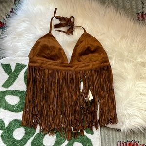 Forever 21 Brown Suedette Fringe Halter Too
